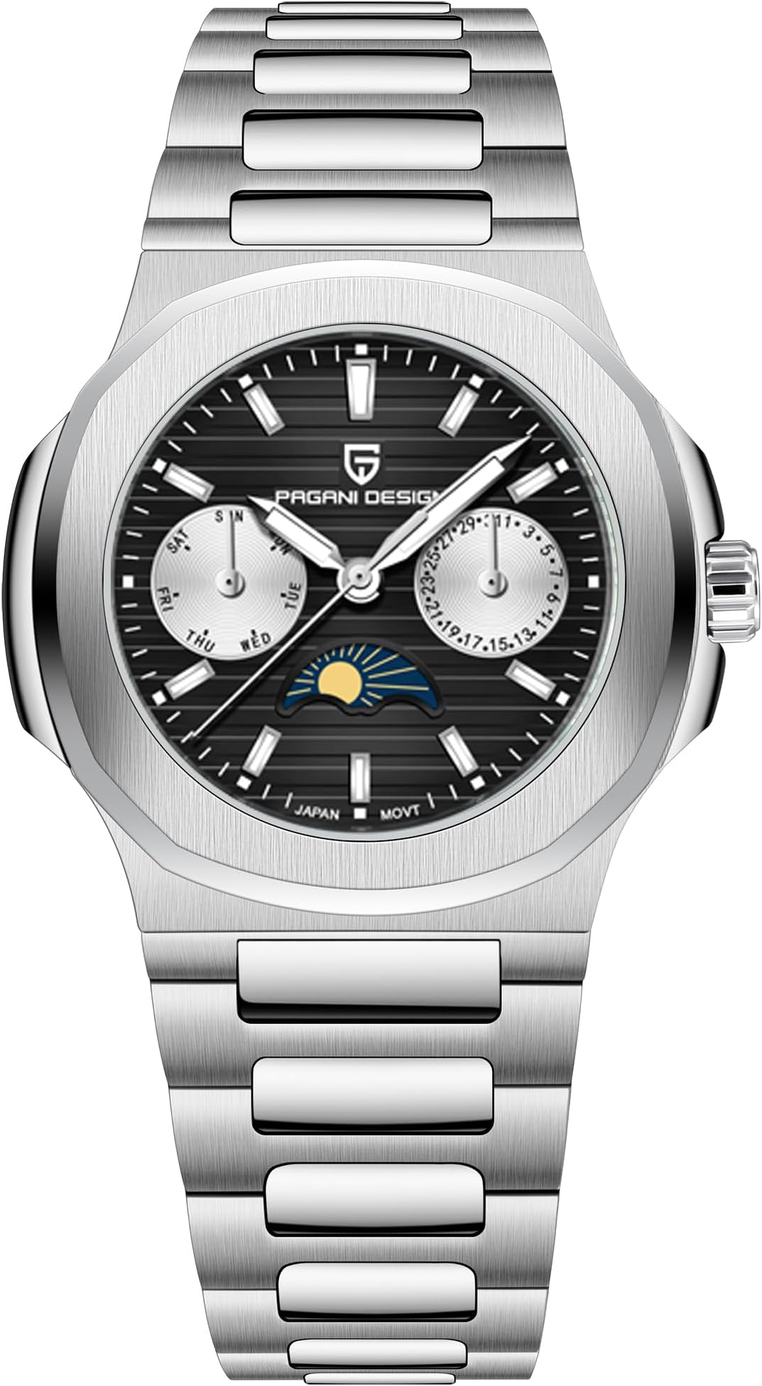 Pagani Design Luxury Women's Quartz Watch Multifunctional Chronograph Moon Phase VX3H Movement Full Stainless Steel Waterproof Luminous Elegant Lady Sport Wristwatch