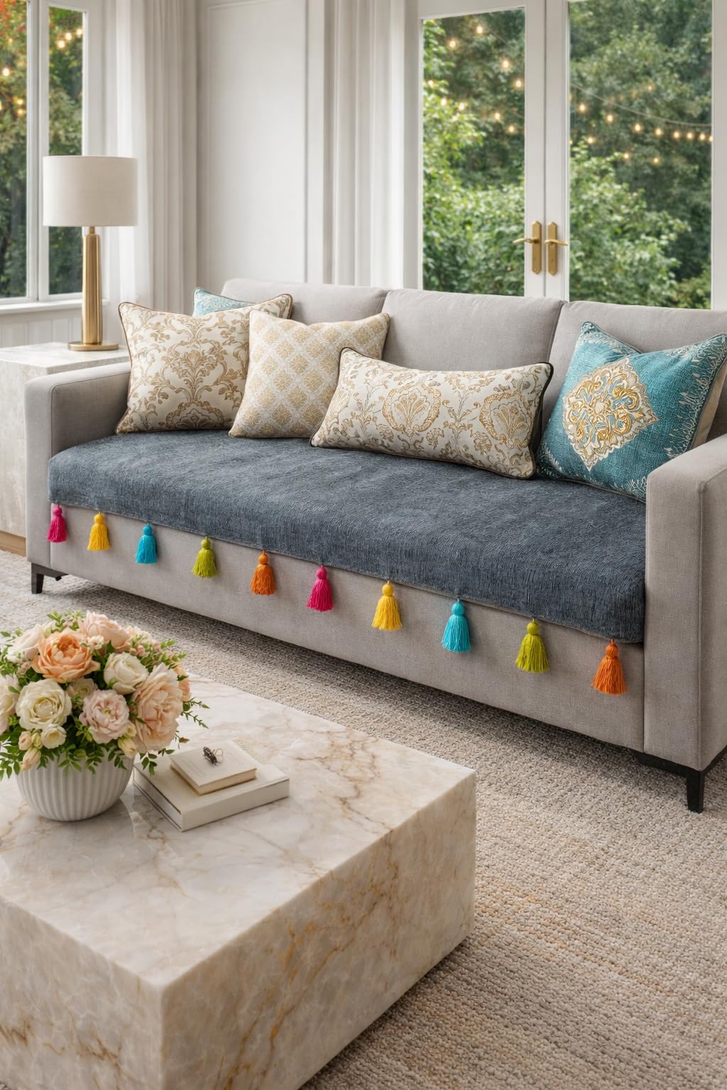 WWW.THROWPILLOW.IN Dark Grey Sofa Cover Multicolored Tassels: Couch Cover: Thick Fabric Two Seater Furniture Cover, Washable, Seat Coverage -Fits 2 Seater Sofa, Size: 65 x 120 CMS -1 Piece-image-40