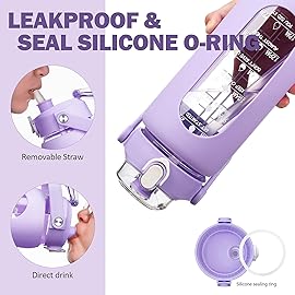 kytffu 42oz Glass Water Bottles with Straw, Motivational Glass Bottle with Silicone Sleeve and Time Marker, Leakproof Large Glass Water Jug for Gym Home Office,Purple