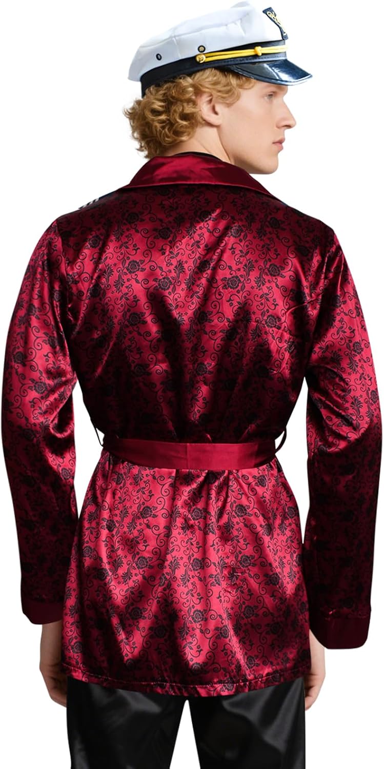 Men's Captain Halloween Costume Set,Halloween Costumes for Men Women,Red Silk Robe Jacket and Black Shirt Pants - Image 3