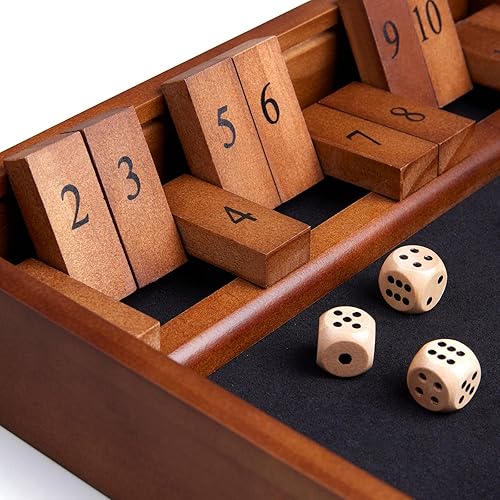 Miniatura 5 de VAMSLOVE Shut The Box - Juego de dados de madera para 2 jugadores en adelante, 12 números cierran la caja con 6 dados para niños, adultos y familia