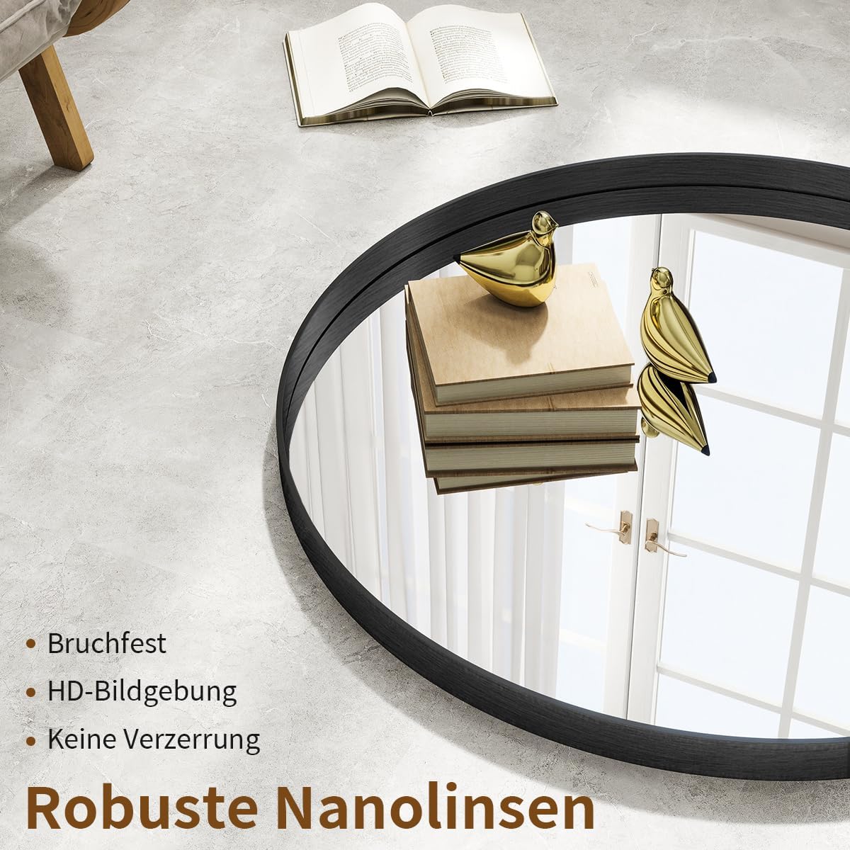 Koonmi runder Wandspiegel 120 cm, tiefer Metallrahmen, Schwarz | Badspiegel mit gebürstetem Rahmen für Badezimmer, Wohnzimmer und Eingangsbereich, markantes Tiefenprofil