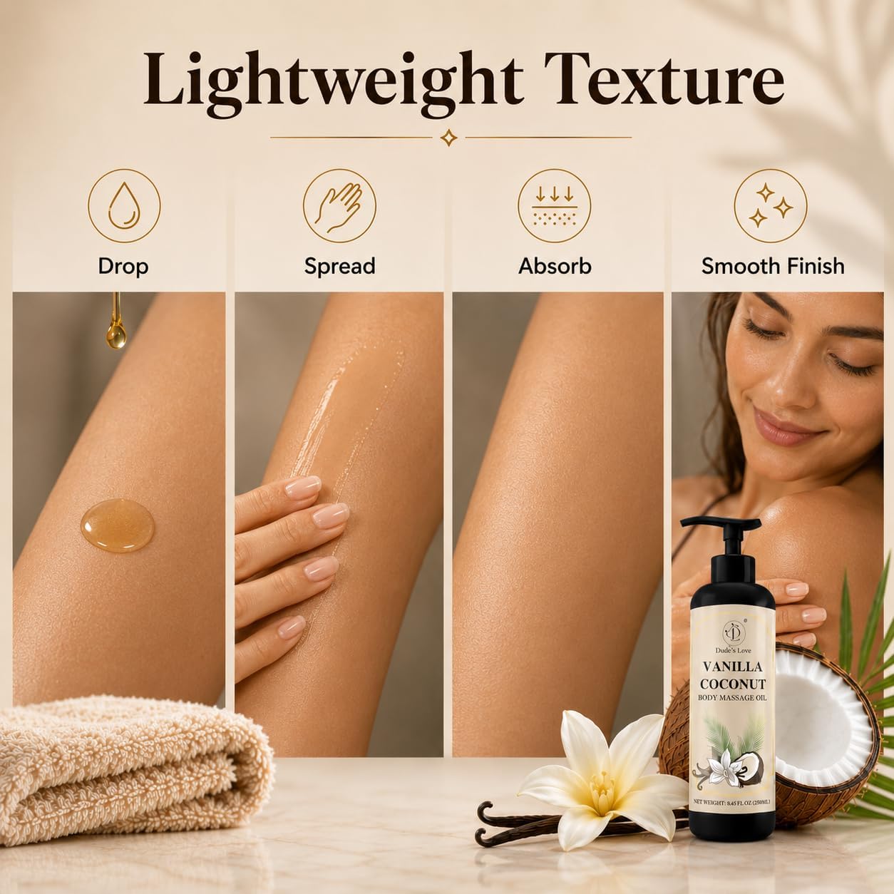 Vanilla Coconut Body Massage Oil | with Vitamin E & Jojoba Oil | Deep Hydration for Dry Skin | Non-Greasy, Fast-Absorbing Formula | 8.45 fl oz (250ml)