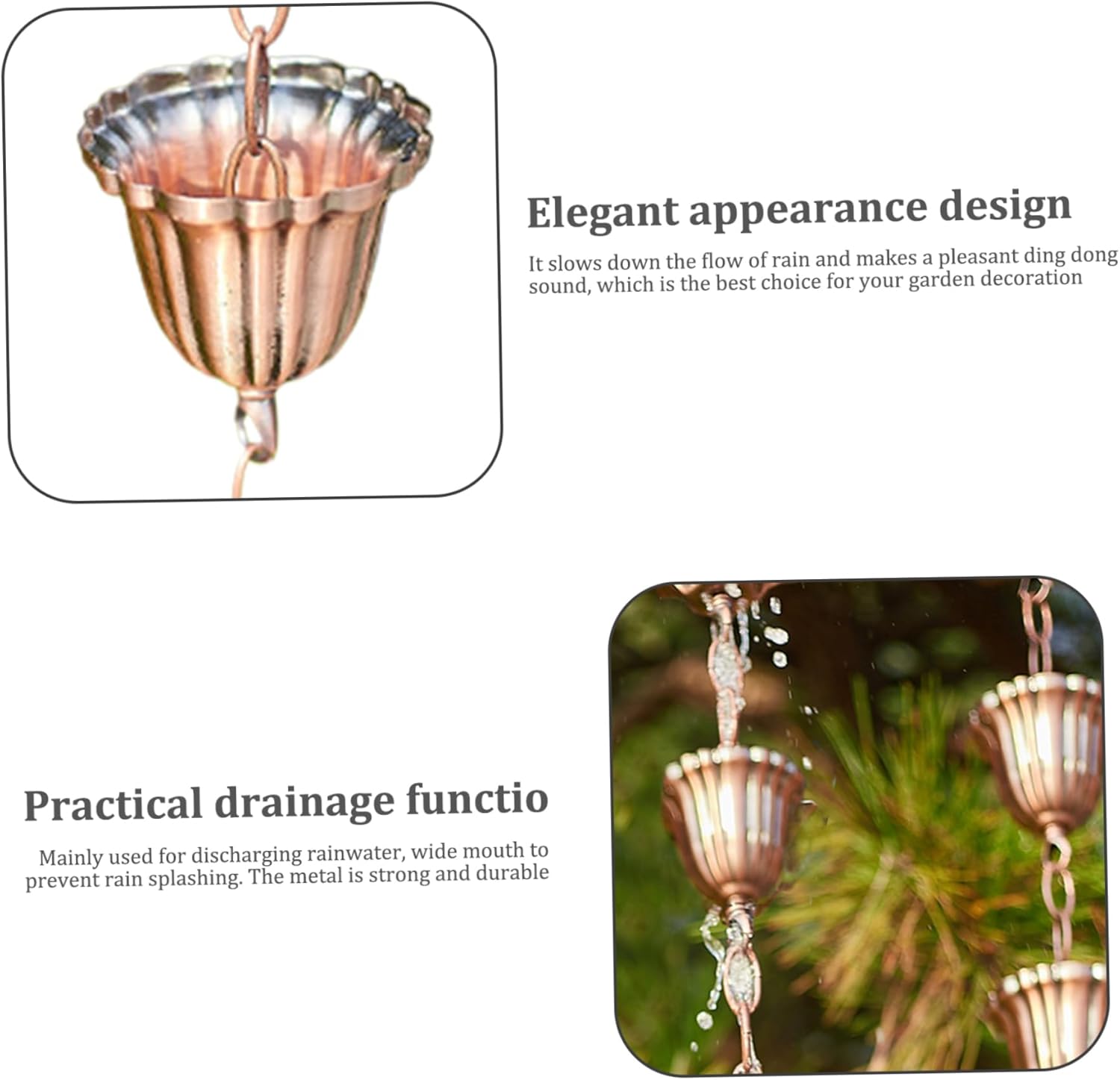 Rain Chain,Garden Rain Cups Chime, Copper 39In Japanese Movable Hanging Rain Chains with 5 Cups Building Protection Decorative Outdoor Garden Rain Catcher,Rain Catcher