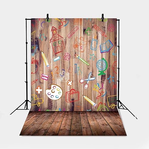 Miniatura 2 de Telón de fondo para fotografía de regreso a clases 2025 de 5 x 7 pies, lápices pintados a mano, libros de casa sobre fondo de piso de madera retro