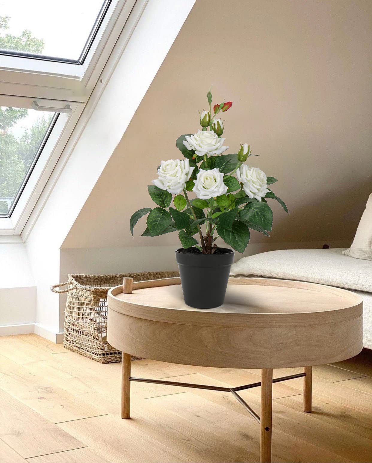 Artificial Plants & Flowers in Vase White Roses Artificial Flowers Potted Plant Faux Silk Flower with Black Pot Fake Rose Flower Arrangement Home Decor Office Bathroom Shelf Desk Decoration 15 Inch