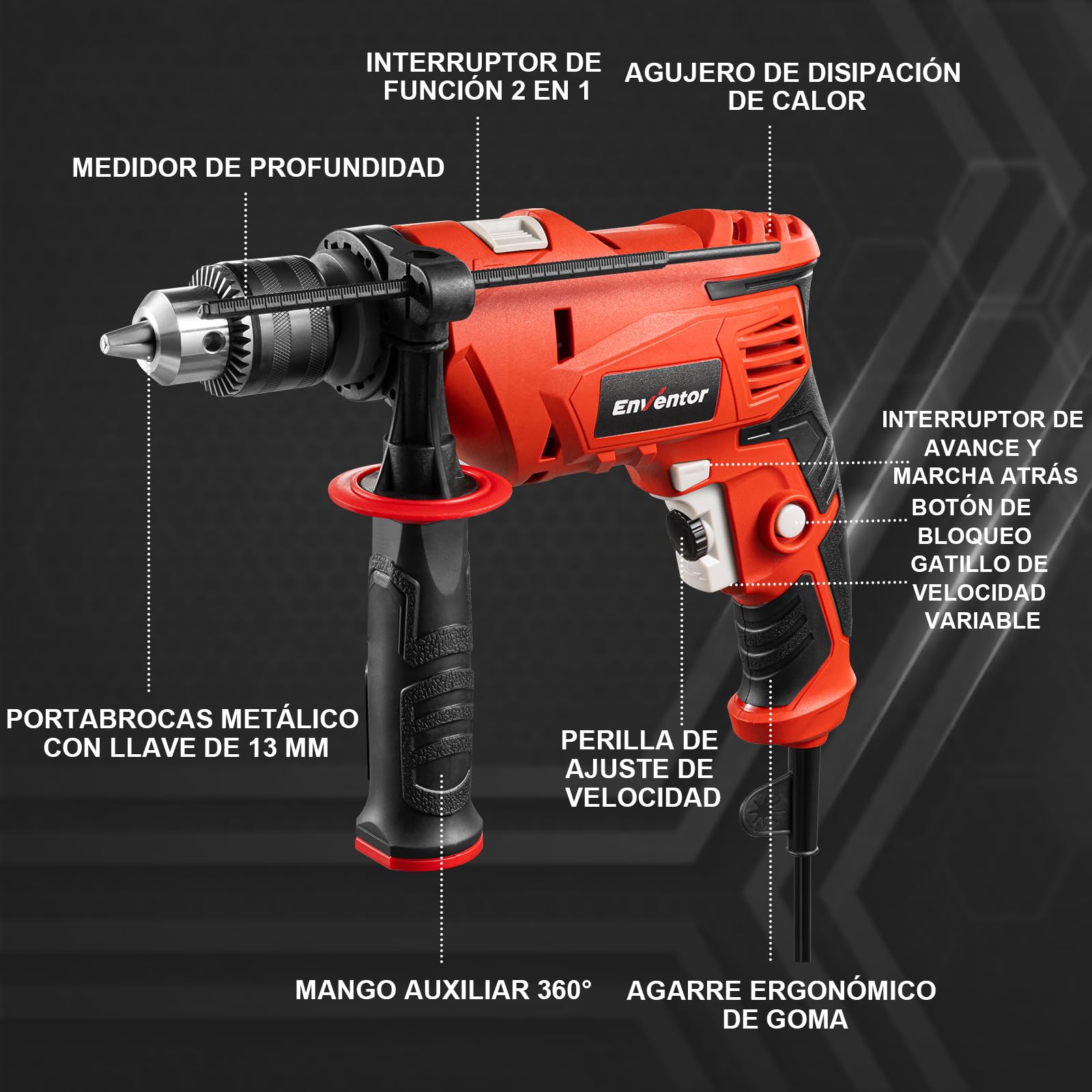 Enventor Taladro Percutor con Cable 900W, 37 Accesorios, Función 2 en 1, Velocidad Variable 0-3000RPM, Mango Auxiliar de 360°, Portabrocas de 13MM, para Concreto, Metal y Madera