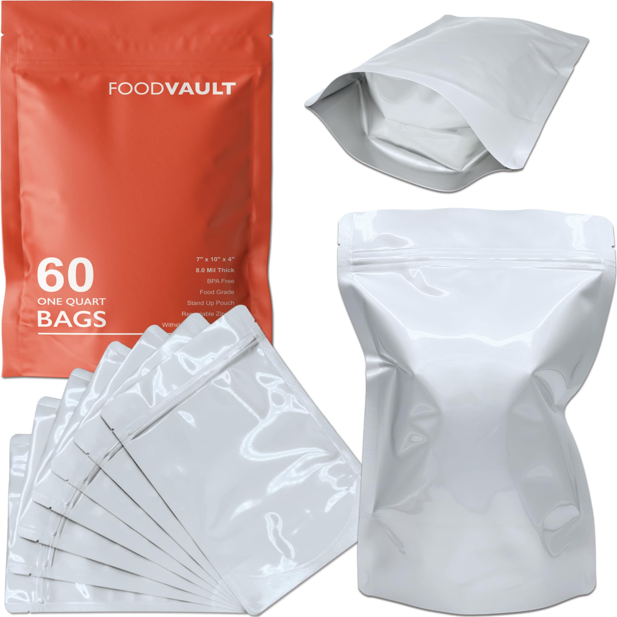 1 Quart Mylar Bags, 16 Mil Total Thickness, Stand-Up Resealable Mylar Bags for Food Storage, Freeze Dryer [60-Pack | 7" x 10" x 4"] 1 Quart (7" x 10" x 4")