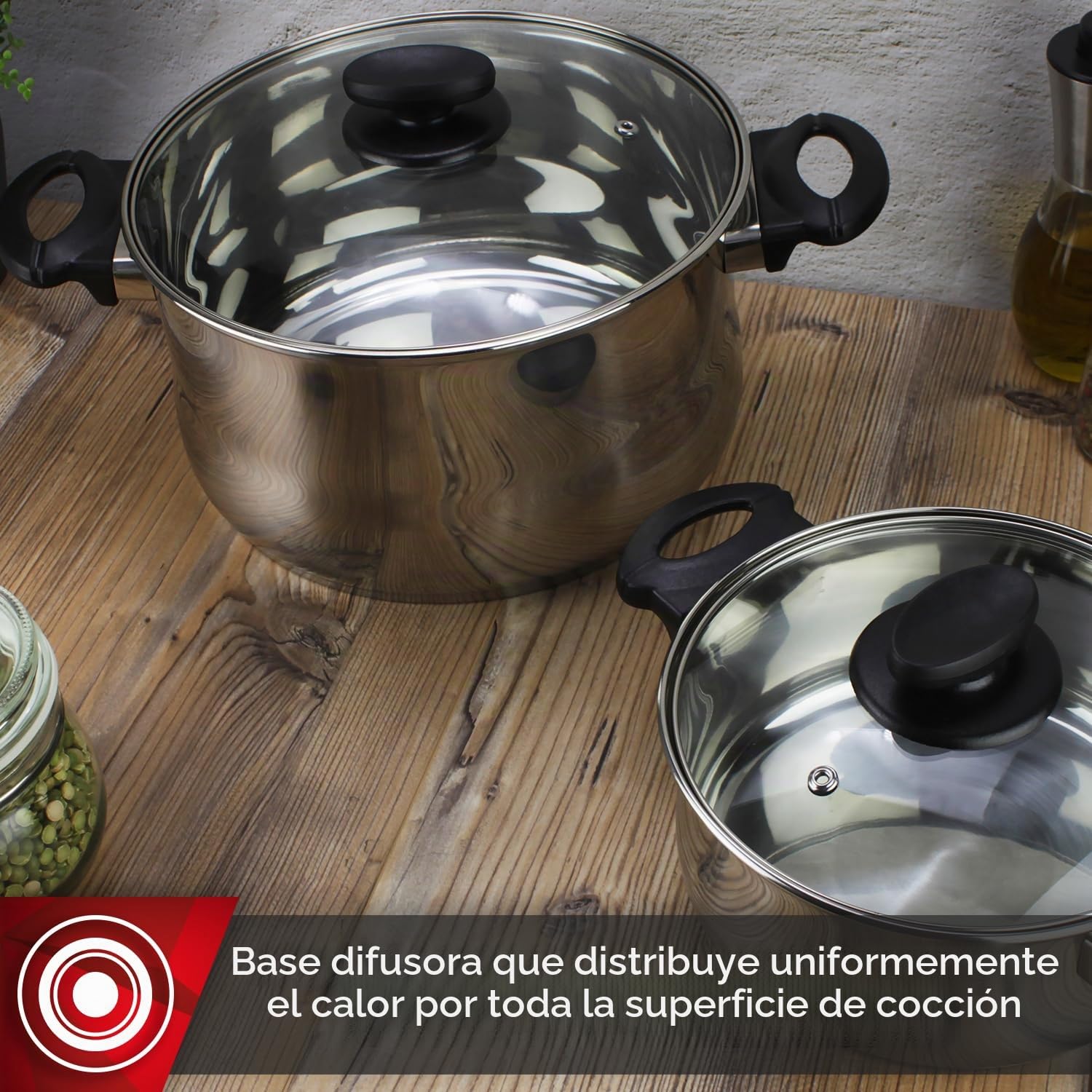 Magefesa Deliss - Batería de Cocina de 7 Piezas, Acero Inoxidable, Asas de Baquelita, Apta en todo Tipo de Cocinas, Inducción, Acabado Pulido Espejo
