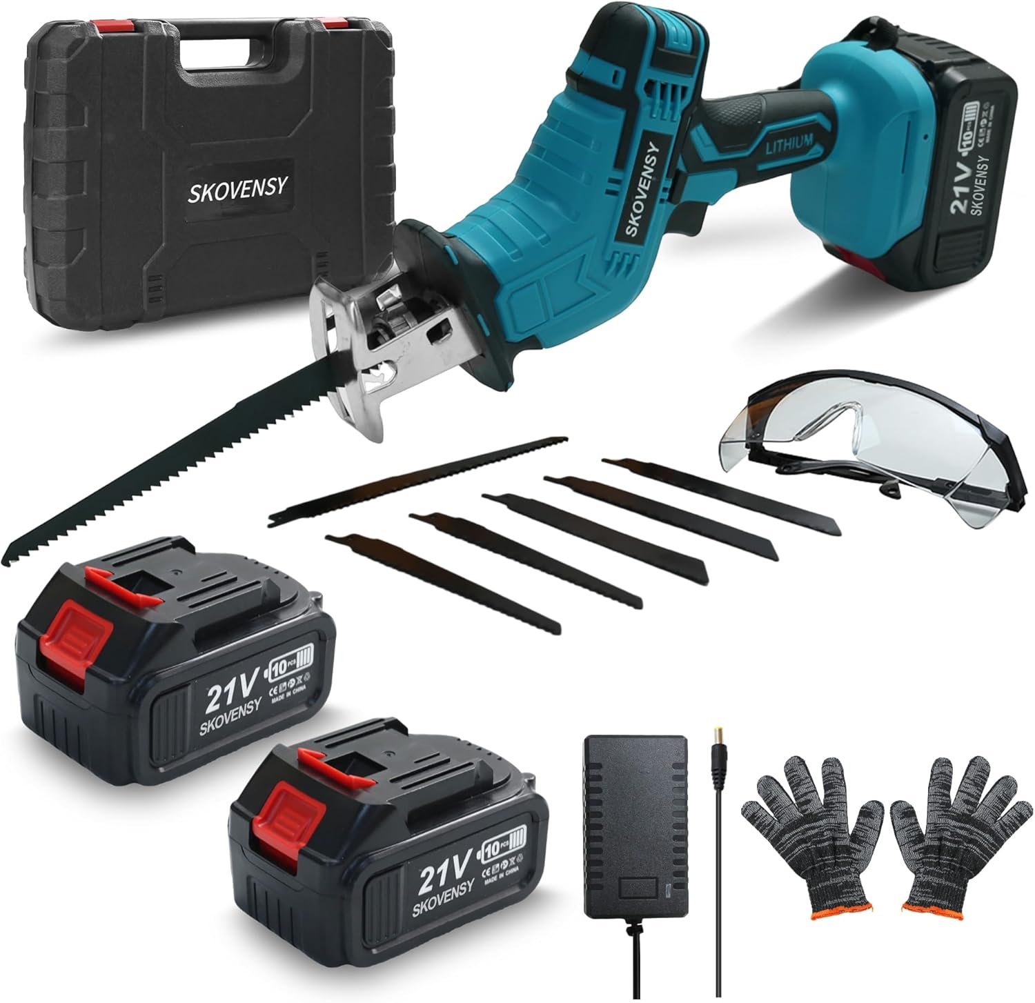 Cordless Reciprocating Saw, 2 x 4.0Ah Batteries, Reciprocating Saw Cordless, Variable Speed, Blades Kit for Metal/Wood/PVC Cutting, Blue-C