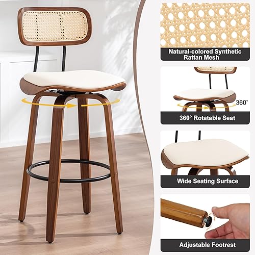 Miniatura 3 de AQG Juego de 2 taburetes de bar, taburetes giratorios de ratán de 29.9 pulgadas con respaldo de bastón, asiento tapizado, muebles tapizados de piel