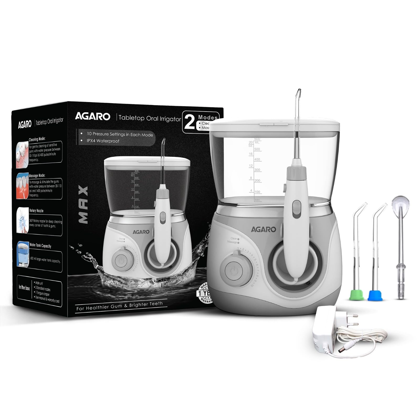 AGARO Tabletop Oral Irrigator with 2 Cleaning Modes & 10 Pressure Settings, 600ml Watertank, Oral Flosser