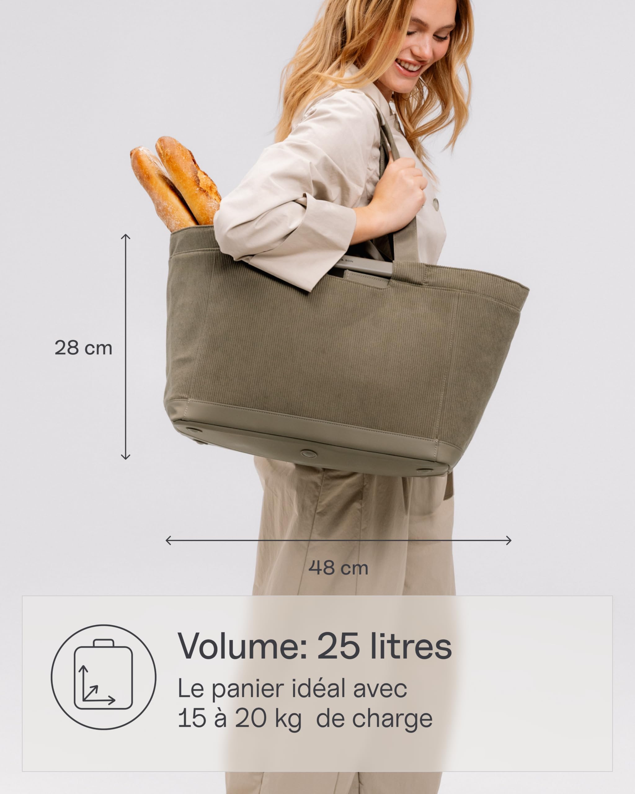 Kapten & Son Vaasa Panier de courses en velours côtelé kaki 25 l | Cabas courses | Avec jeton de chariot et compartiment magnétique | Matériau intérieur lavable | Compagnon élégant au quotidien