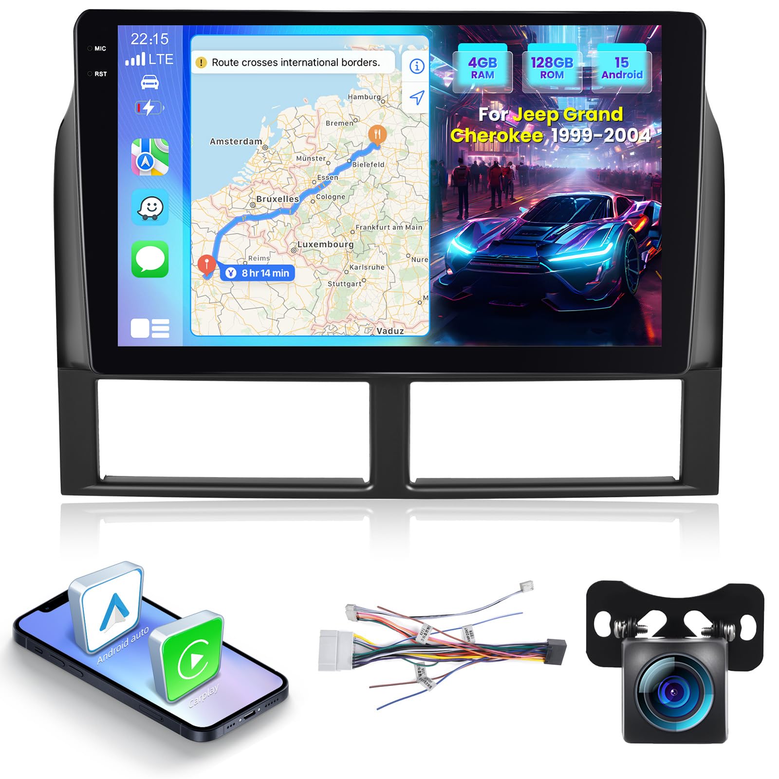 Photo 1 of 4G+128G Android Car Radio for Jeep Grand Cherokee 1999-2004 - 9 Inch HD Touch Screen Stereo with Wireless Carplay & Android Auto - EQ/5GHz WiFi/GPS/SWC/Split Screen + AHD Rear View Camera