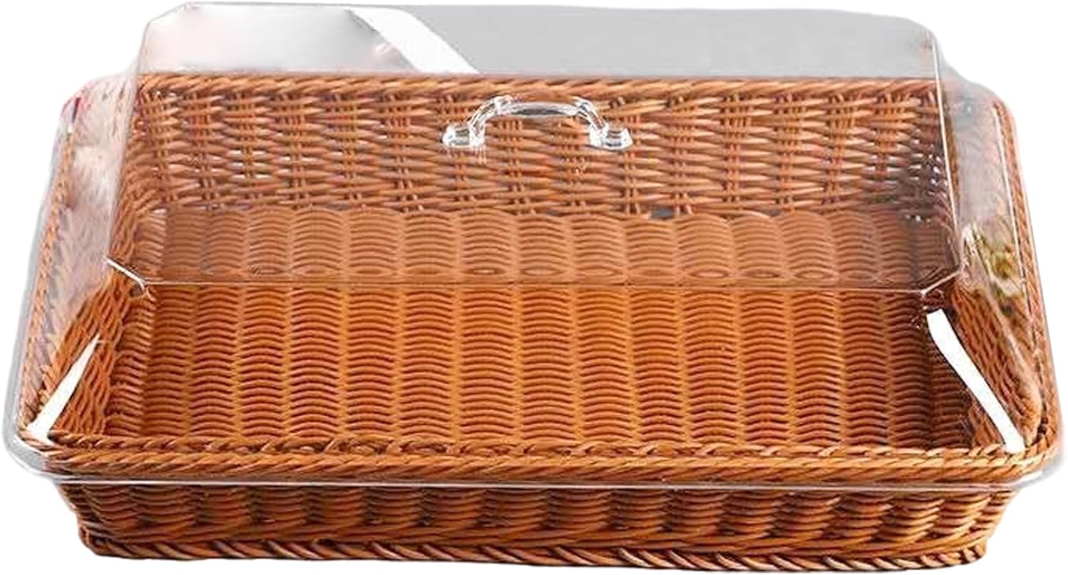 Bread Baskets for Serving, 16x12x6 Inch Woven Basket with Lid & Handle, Dustproof Fruit Containers for Home, Shop, Picnic, Dark Brown Wicker Bread Basket