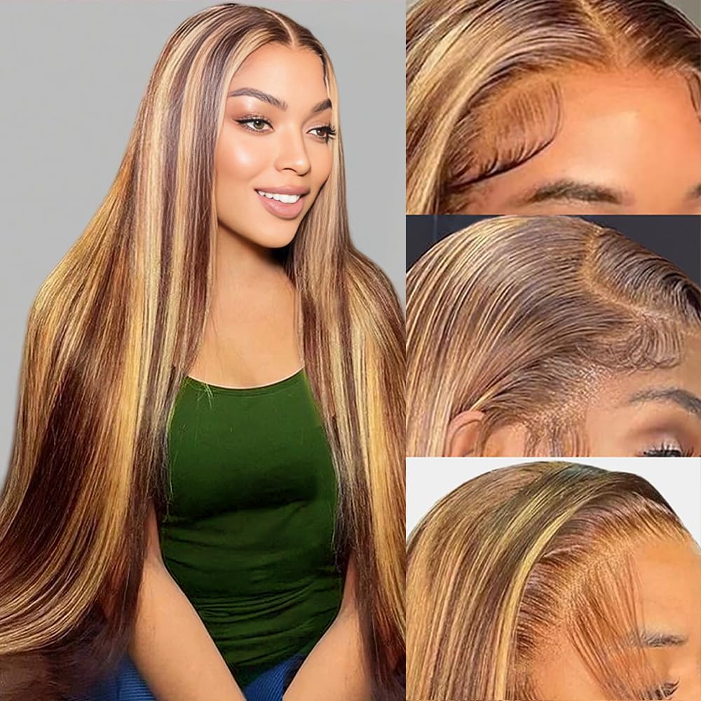 ROLKISA Highlight Ombre Lace Front Wig Human Hair 13x6 HD Transparent Straight Lace Front Wigs Human Hair Pre Plucked 180% Density 4/27 Colored Honey