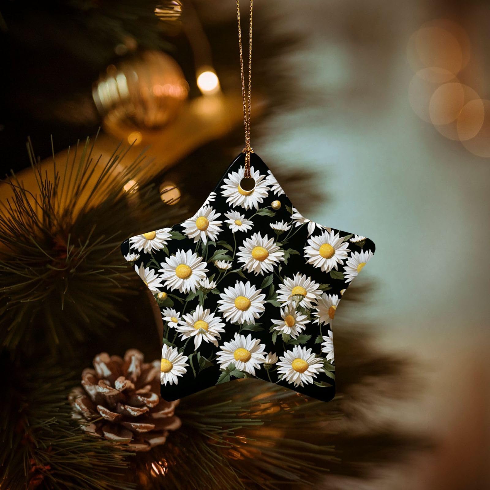 Christmas Tree Ornaments Ceramics Christmas Decorations Daisy Ornaments with Gold Ribbon Porcelain Xmas Tree Crafts Star Shape Hanging Pendant for Christmas Tree Party Decor