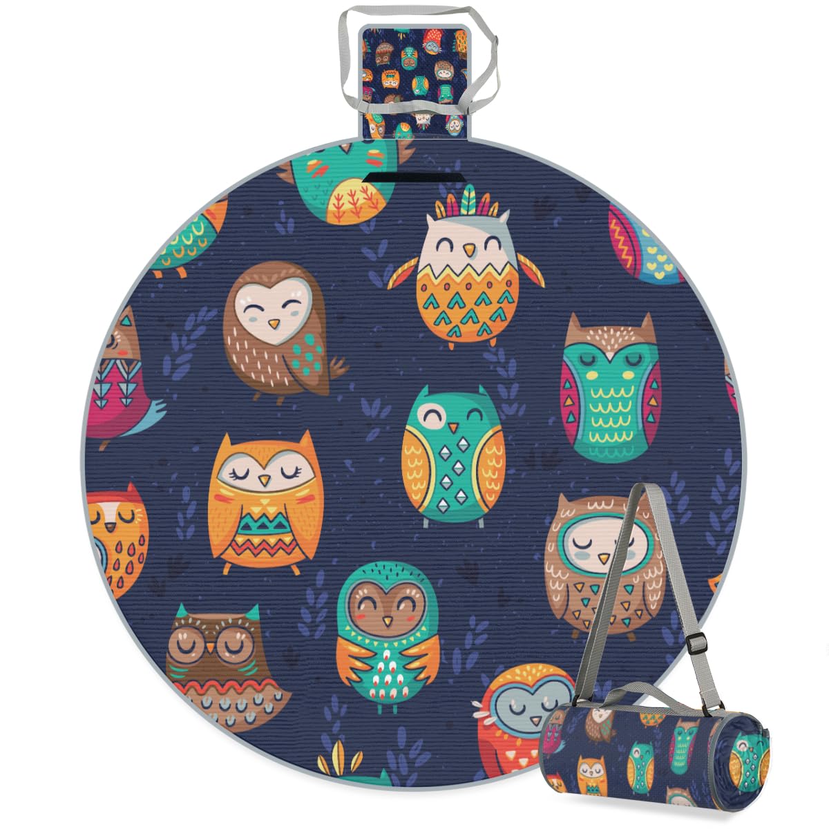 Shimoshe Indian Ethnic Tribe Animal Owl Picnic Outdoor Blanket Foldable Waterproof Sandproof Beach Blanket Portable Water-Resistant Round Picnic Mat for Travel Camping Park Lawn