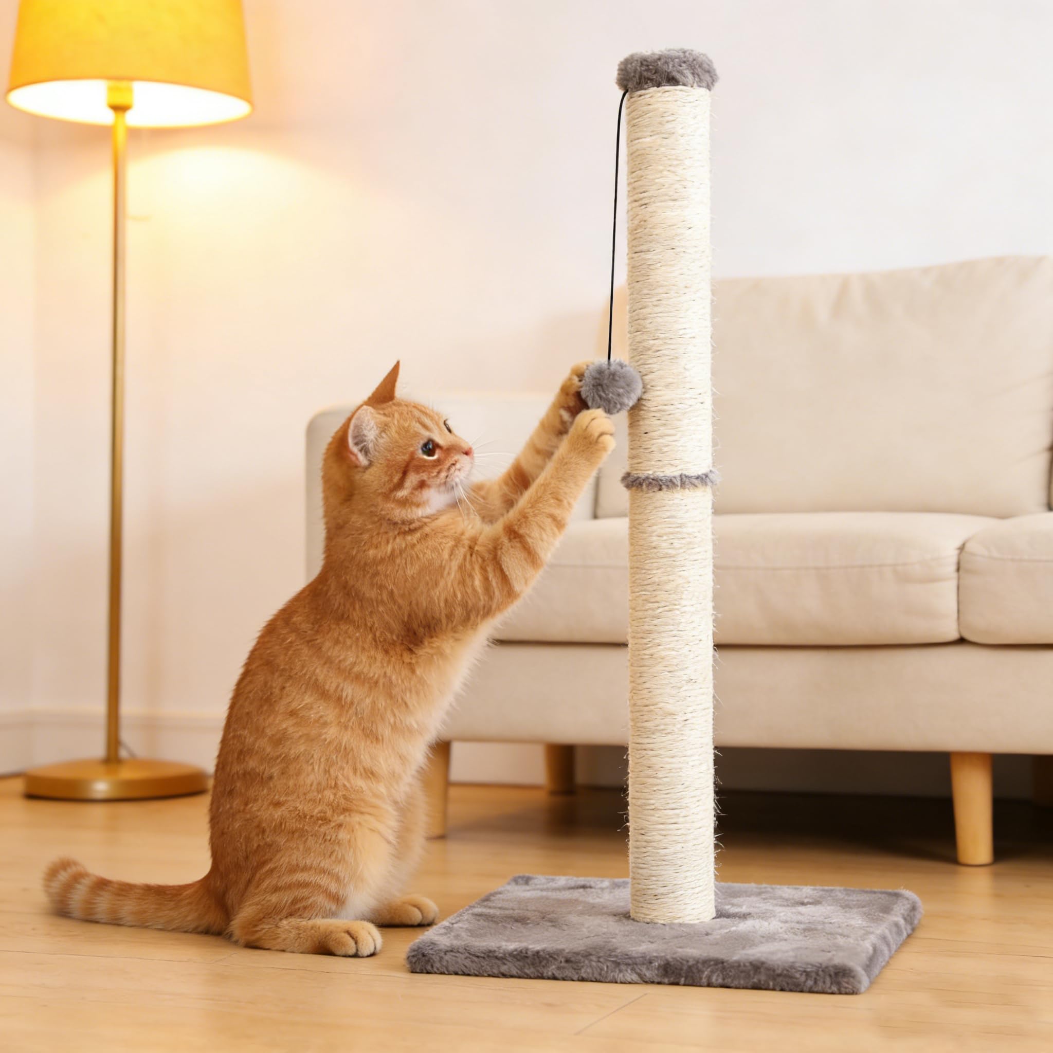 Eyeleaf Tiragraffi per Gatti Adulti 80cm Palo in Corda di Sisal Naturale con Palla Appesa, Morbido Peluche