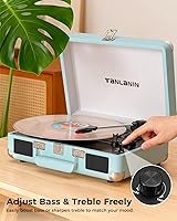 Vista 4 de Tocadiscos de maleta Bluetooth con altavoces integrados, control de graves y agudos, tocadiscos de 3 velocidades con parada automática, reproductor