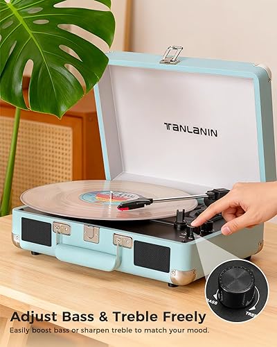 Miniatura 4 de Tocadiscos de maleta Bluetooth con altavoces integrados, control de graves y agudos, tocadiscos de 3 velocidades con parada automática, reproductor