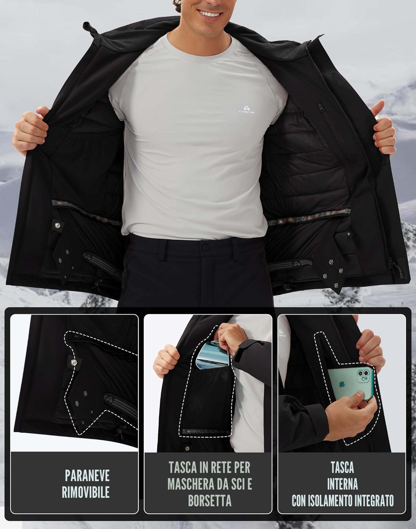 Giacca da sci da uomo, impermeabile, calda, traspirante, da snowboard, con cappuccio