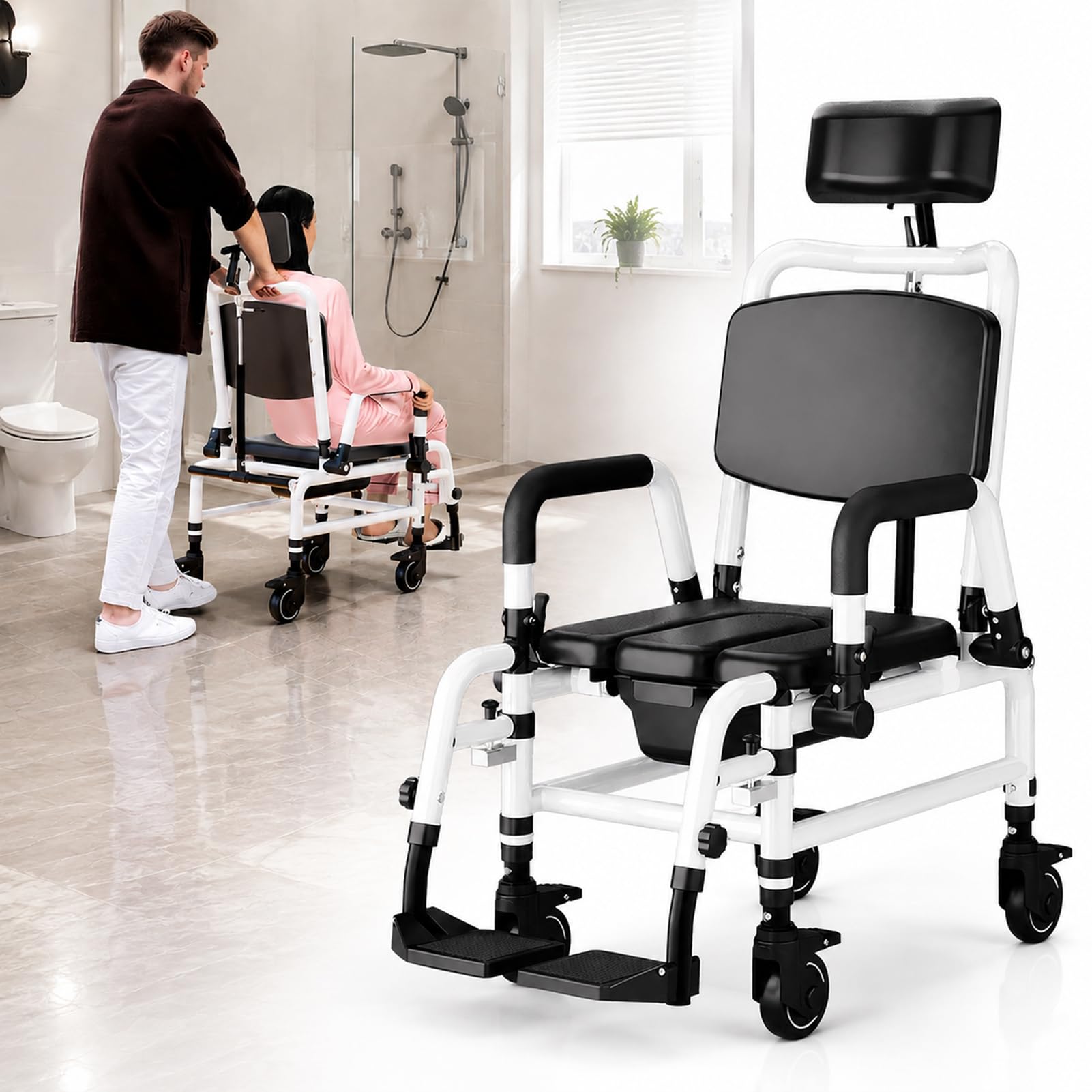 GZGHRZQS Commodes For Disabled And Elderly, Adjustable Commode Wheelchair, Padded Transfer Rolling Chairs, Detachable Arms & Footrests, Headrest, Extra Wide, Removable Bucket