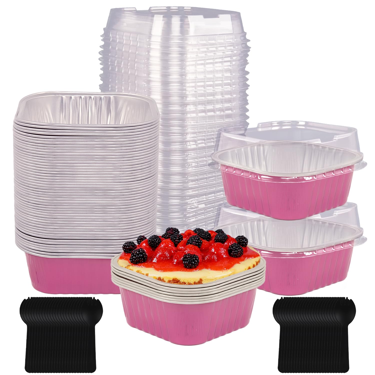 Lot de 50 moules de cuisson carrés réutilisables en aluminium avec couvercles, 300 ml, pour cupcakes et pudding, flan, crème brûlée, gelée pour desserts, restauration (rose)