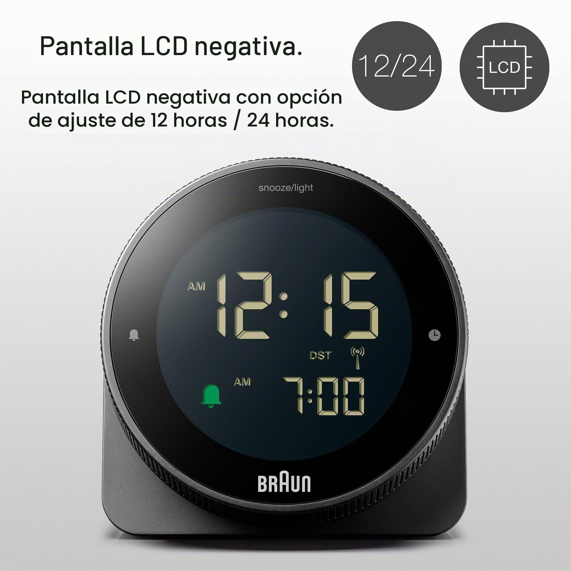 Braun Reloj Despertador Digital controlado por Radio para Zona horaria de Europa Central (DCF), Pantalla LCD inversa, Bisel Giratorio para Ajuste rápido de la Hora, Blanco, Modelo BC24B-DCF