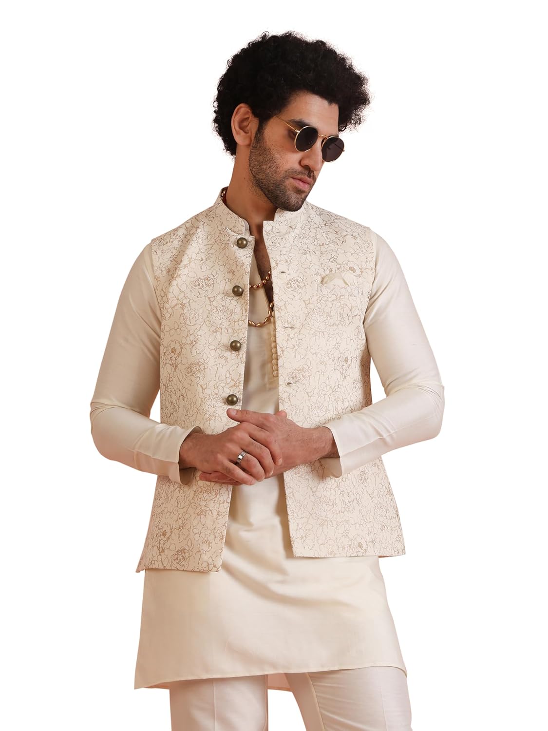 KISAH Men White Gold-Toned Printed Nehru Jacket Ethnic Festive Waistcoat Cotton, Regular Fit