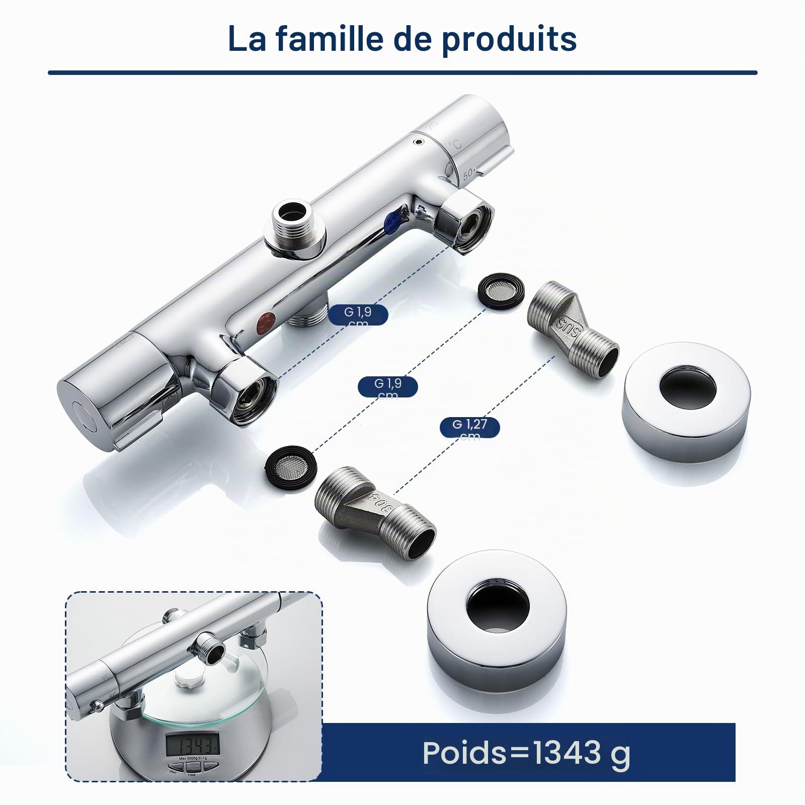 Mitigeur Douche Thermostatique 2 Sorties Haut 3/4" (26.4mm)+Bas 1/2"(21mm)