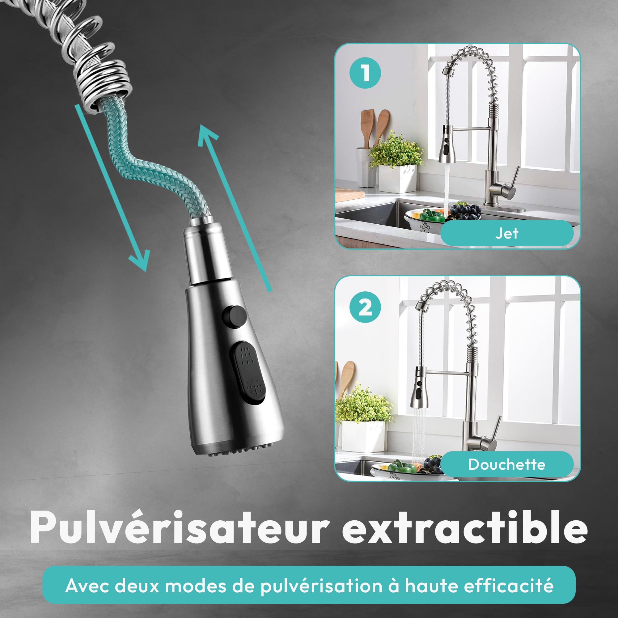 JUPPLIES Robinet de Cuisine avec Douchette Extractible | Mitigeur Cuisine Pivotant 360° | Acier Inoxydable | 2 Jets | Installation Facile