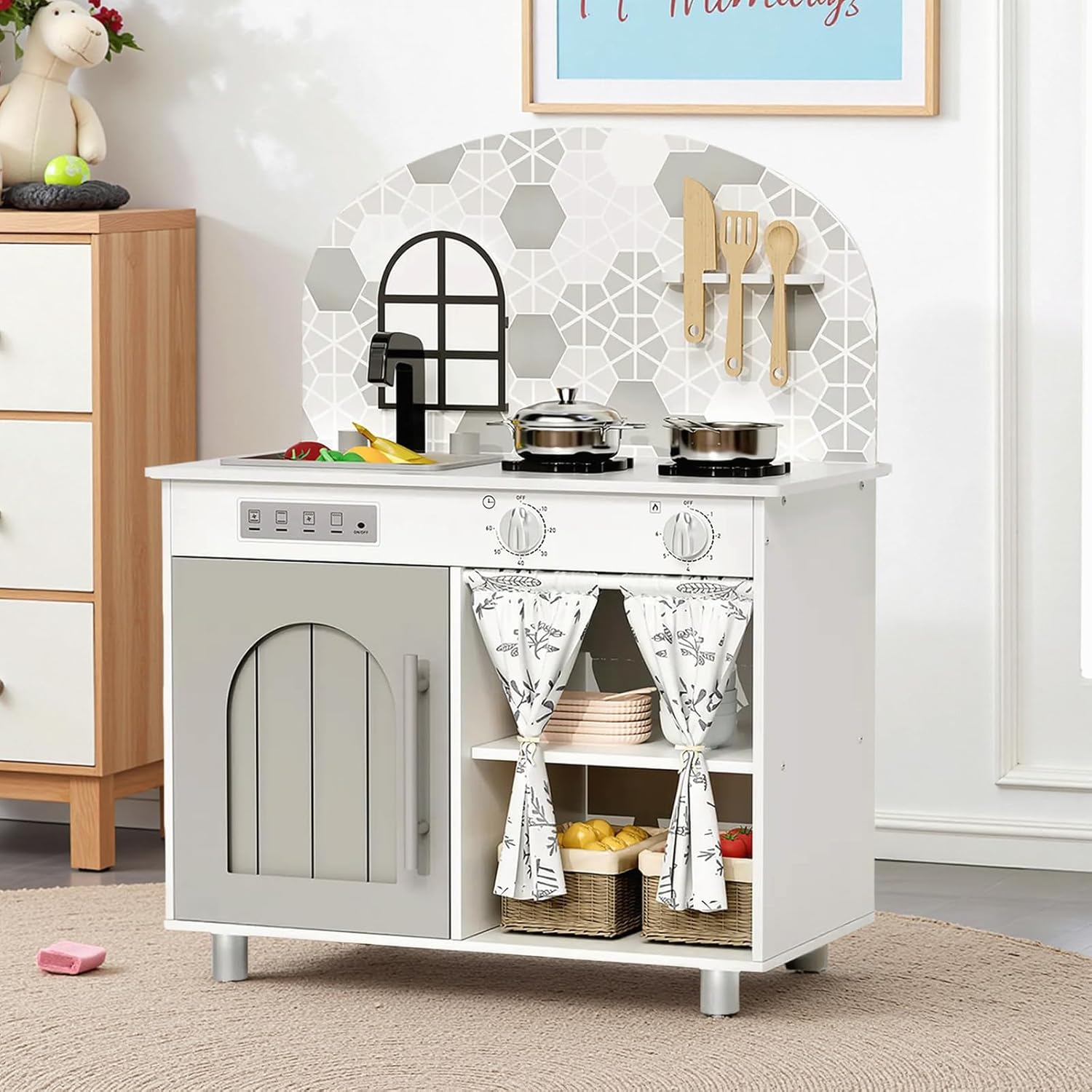 Arlopu Play Kitchen Set, Kids Interactive Pretend Chef Playset with Curtained Cabinet, Stove w/Clicking Knobs, Faucet & Sink, Wooden Cookware Accessories, Toys Kitchen for Toddlers (White)