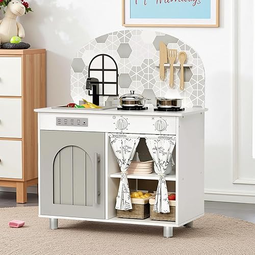 Arlopu Juego de cocina para niños, juego interactivo de chef con gabinete con cortina, estufa con perillas de clic, grifo y fregadero, accesorios de