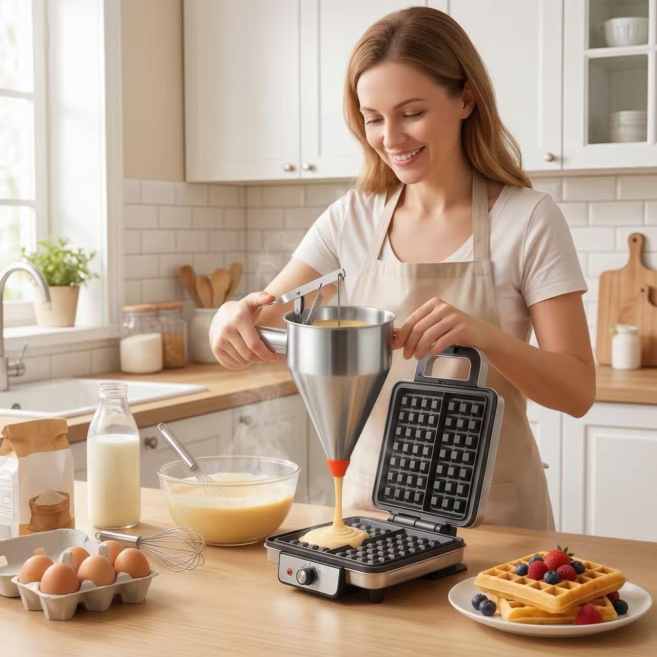40oz Stainless Steel Pancake Batter Dispenser with Squeeze Handle & Stand, Multi-Nozzle Funnel Cake Dispenser for Pancakes, Cupcakes, Muffins, Waffles & Baking - Precise Control