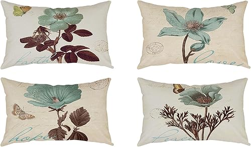 Juego de 4 fundas de almohada decorativas con diseño floral, fundas de almohada lumbares de algodón y lino con hojas de loto, fundas de almohada