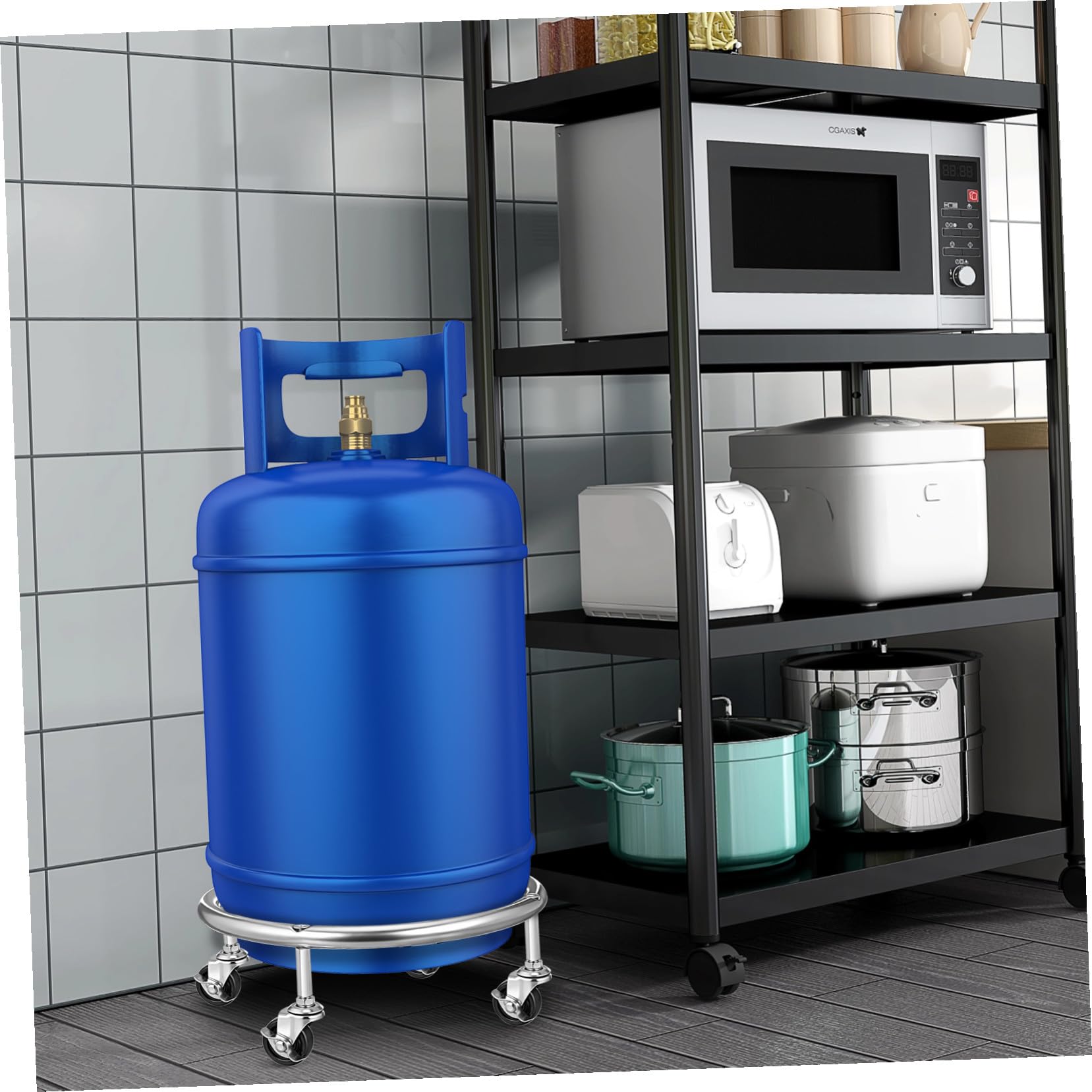 Support Mobile pour Bouteille de Gaz Acier Inoxydable avec roulettes et Frein Plateau Stable pour Cylindre Propane Facilitant Le Transport et Usage Quotidien