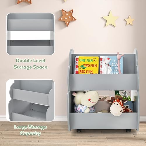 Miniatura 6 de INFANS Estantería para niños con ruedas, estantería de madera, organizador de almacenamiento de juguetes, soporte de exhibición para niños pequeños,