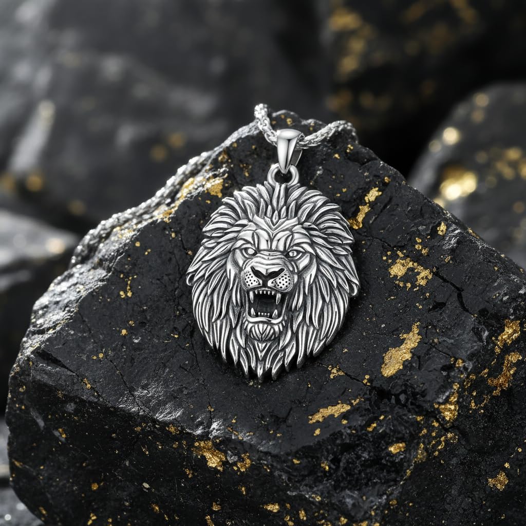 Löwenkopf-Halskette für Herren aus 925er Sterling Silber – Oxidierter Löwenkönig-Anhänger im Retro-Gothic-Stil, Vintage-Tierschmuck, Geschenk für Vater oder Sohn