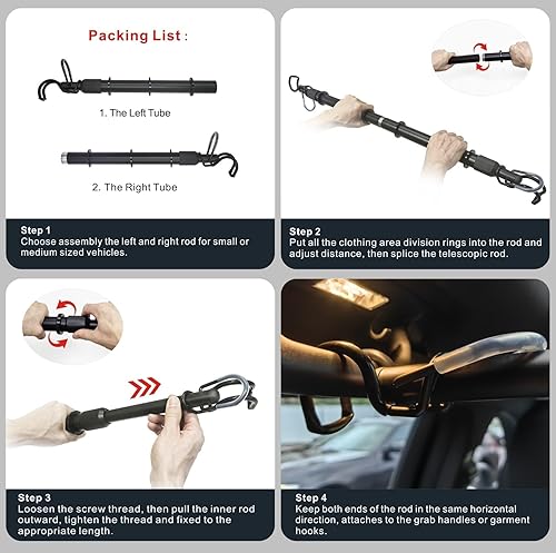 Miniatura 6 de Barra ajustable para colgar ropa de automóvil, de 30 a 50 pulgadas, barra de suspensión resistente para vehículos pequeños o medianos, armario de