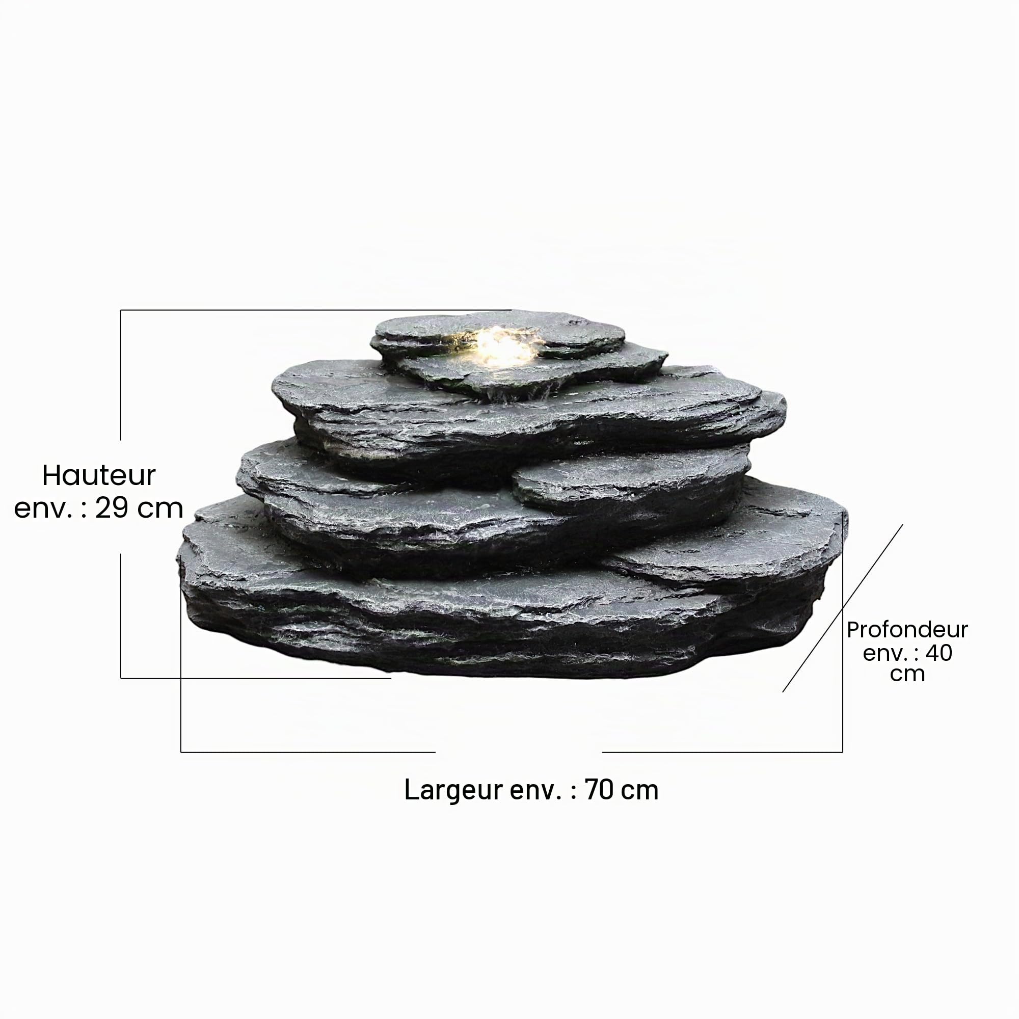 Roche de fontaine artificielle avec éclairage LED OG-KQS002 Aspect pierre réaliste avec tuyau de 2 m - Résistant aux intempéries pour étang et ruisseau Aspect ardoise Fontaine de jardin