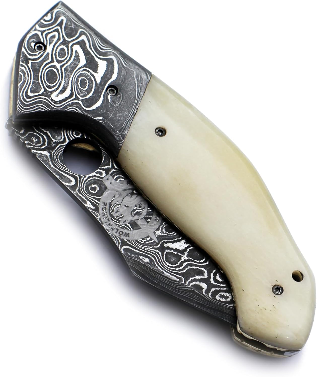 WÖLFKLINGE Damascus Handmade Folding Pocket Knife – The Ultimate EDC for Hunting, Survival, Camping, and Fishing with Bone Handle and Premium Cowhide Leather Sheath.
