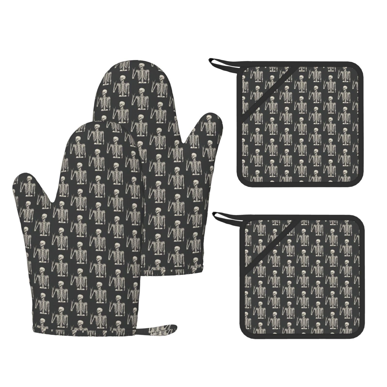 Skull Rock Roll Skeleton Bone Fashion Printed Kitchen Kit with Heat Resistant Oven Mitts & Non-Slip Hot Pads for Baking