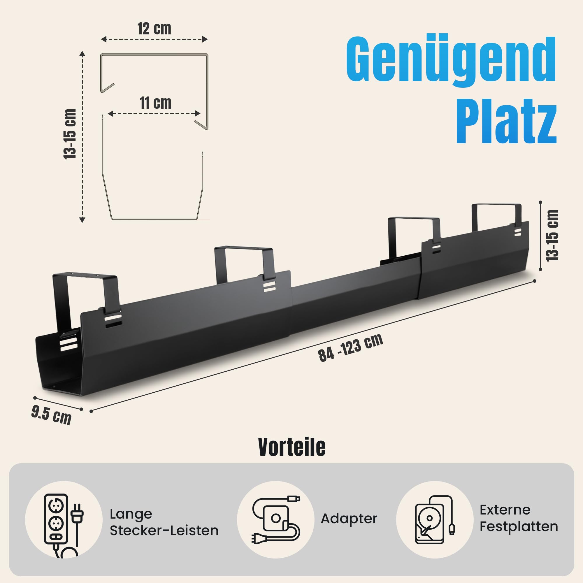 2GOODz Kabelwanne für Schreibtische, geneigt, ausziehbar 84-122 cm, legierter Stahl