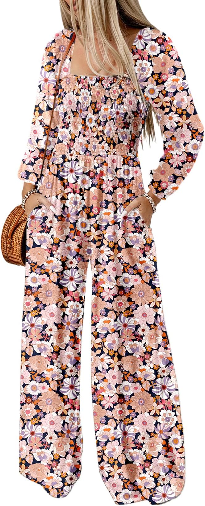 Dokotoo Womens Overalls Black Jumpsuits for Women Casual Loose Fit Long Sleeve Wide Leg One Piece Long Sleeve Jumpsuit Printed Long Pant Rompers with Pockets Medium