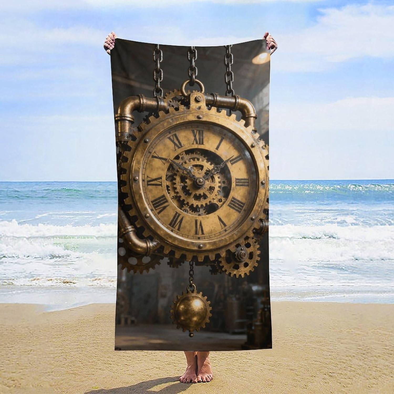 Oversized Beach Towel 63x32 Inch Sand Resistant Thin Microfiber Steampunk Gear Clock Bath Towels for Body Absorbent Quick Dry Lightweight Travel Towel for Pool Yoga Swim Camping Adults Gift