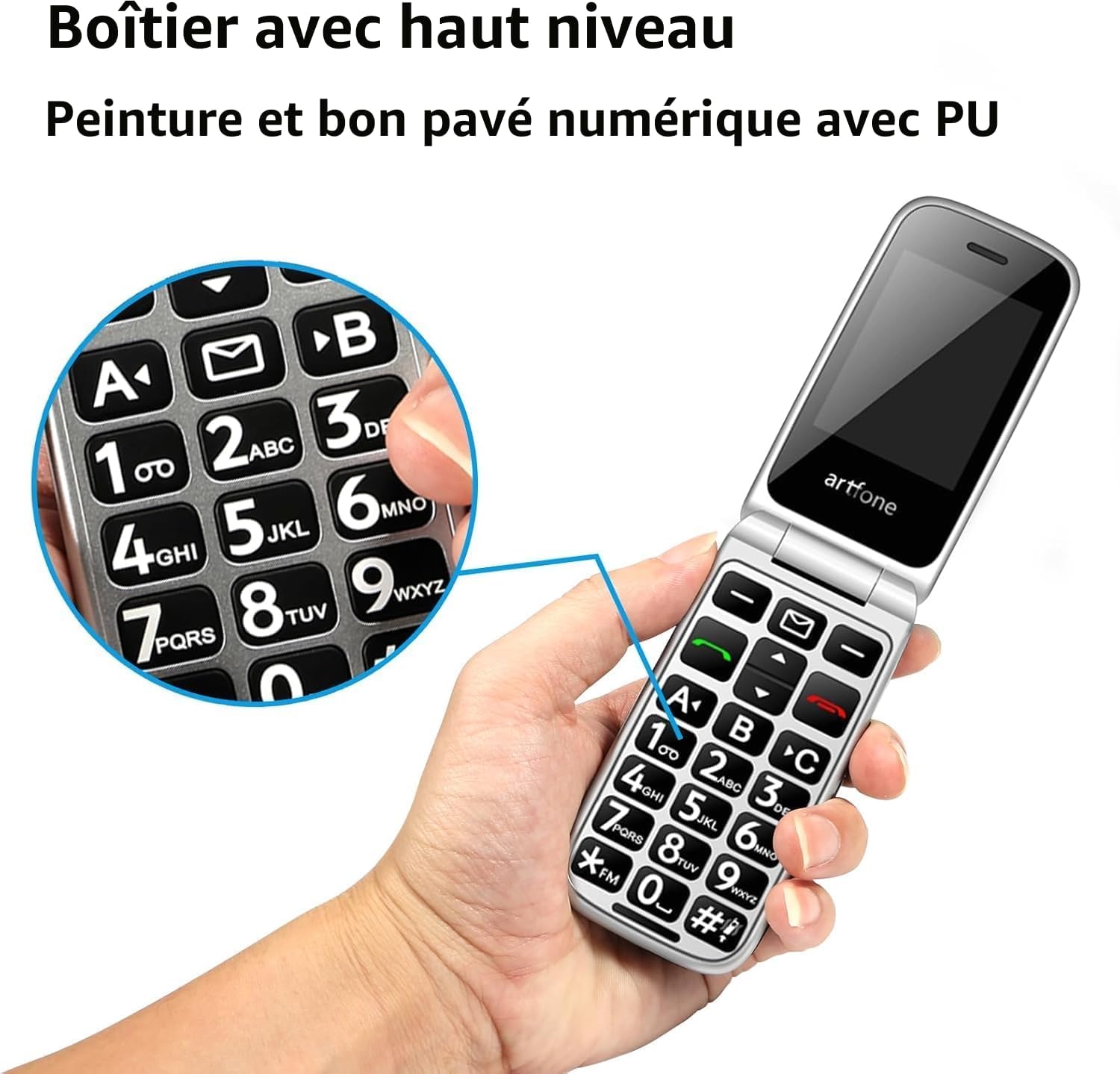 Close-up of a hand holding the artfone F30, highlighting the large, clearly labeled buttons