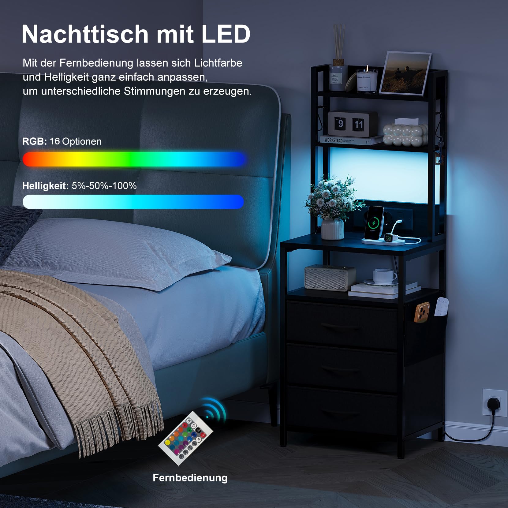 Nachttisch mit Ladefunktion & LED, Beistelltisch mit 3 Stoff-Schubladen, Nachtschrank mit Bücherregal, Offenes Fach, 2 AC, 1 USB & 1 Typ C Anschlüssen, für Schlafzimmer, Wohnzimmer, Büro(Schwarz)