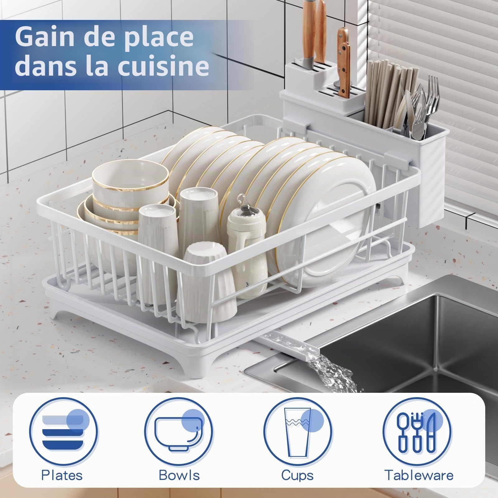 PurKeep Dish Drainer with Utensil Holder | For Kitchen Countertop, with Draining Board, White