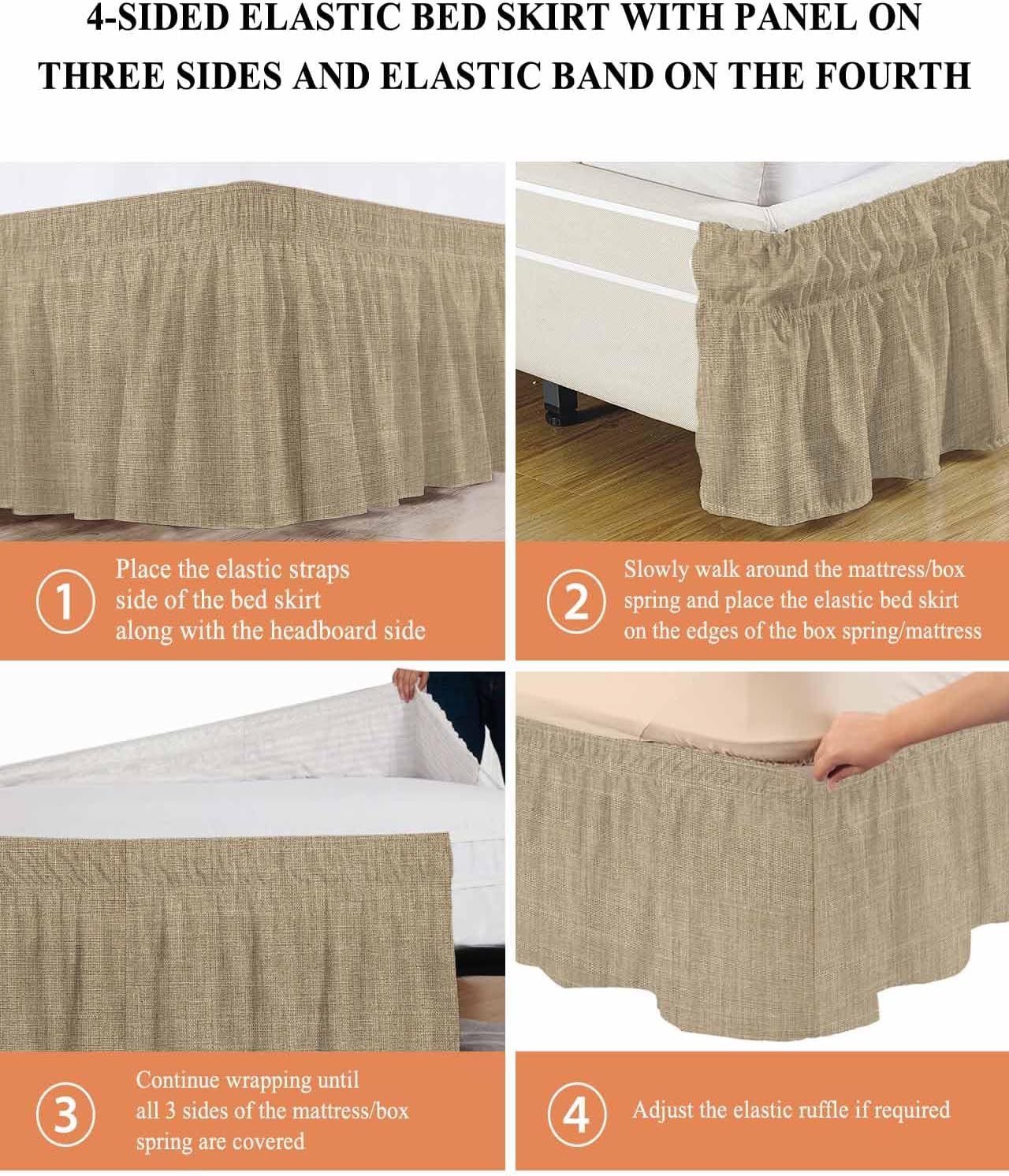 Bed Skirt Brown Linen Texture Bedskirt 16 Inch Drop Farmhouse Solid Color Adjustable Elastic Wrap Around Bed Skirts Dust Ruffle for Queen Size Bed Frame Cover